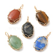 Natural Mixed Gemstone Copper Wire Wrapped Pendents, Oval Charms, Golden, 21~22x11x4~6mm, Hole: 2.5~3mm(PALLOY-JF02144)