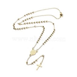 202 Stainless Steel Rosary Bead Necklaces, Cross Pendant Necklaces, Golden, 19-1/4 inch(49cm)(NJEW-D060-01B-G)
