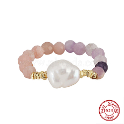 Natural Pink Opal & Lilac Jade Beaded Finger Rings, Natural Freshwater Pearl & 925 Sterling Silver Beaded Finger Rings for Women, Real 14K Gold Plated, 7mm, US Size 7 1/4(17.5mm)(RJEW-G331-01G)