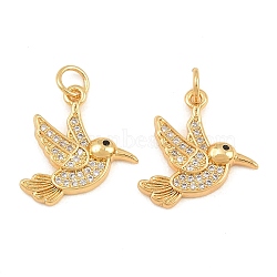 Brass Micro Pave Black Cubic Zirconia Pendants, Hummingbird Charms, Long-Lasting Plated, Lead Free & Cadmium Free, Rack Plating, Golden, 18.5x16x3.5mm, Hole: 3mm(CU-CBA908F-01G)