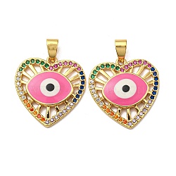 Real 18K Gold Plated Brass Pendants, with Cubic Zirconia and Enamel, Heart with Evil Eye Charms, Deep Pink, 24x25x3mm, Hole: 4.5x3.5mm(KK-L209-011G-03)