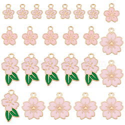 80Pcs 4 Style Light Gold Alloy Enamel Pendant, Flower, Pink, 12~24.5x9~17.5x1.5~2mm, Hole: 1.8~2mm, 20pcs/style(ENAM-SC0002-51)