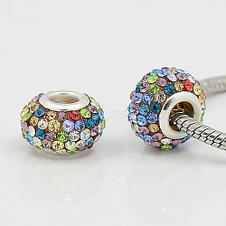 Grade A Rhinestone European Beads, Large Hole Beads, Resin, with Silver Color Plated Brass Core, Rondelle, Colorful, 15x10mm, Hole: 5mm(CPDL-H001-12)