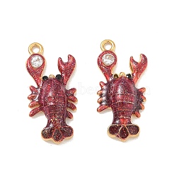 304 Stainless Steel Enamel & Glitter Powder Pendants, Shrimp Charms, with Rhinestone, Ion Plating(IP), Real 18K Gold Plated, Dark Red, 22x10x4.5mm, Hole: 1.4mm(STAS-Q119-07G-02)