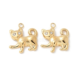 304 Stainless Steel Rhinestone Pendants, Cat Shape Charms, Ion Plating(IP), Real 18K Gold Plated, 16.5x16x3.5mm, Hole: 1.6mm(STAS-Z122-47G)