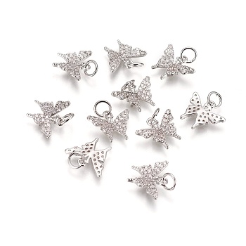 Brass Micro Pave Cubic Zirconia Charms, Long-Lasting Plated, Butterfly, Clear, Platinum, 11x13x2mm, Hole: 3.5mm