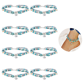 ARRICRAFT 4Pcs Alloy Tortoise Charm Double Layer Multi-strand Anklet, Starfish Resin & CCB Beaded Ocean Theme Anklet for Women, Turquoise, 9 inch(22.8cm)