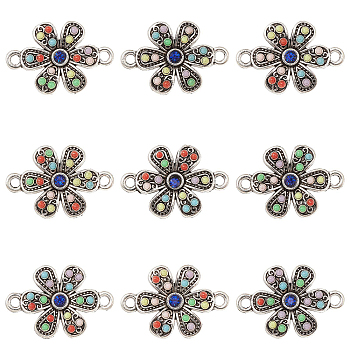 10Pcs Alloy Connector Charms, with Sapphire Rhinestone & Colorful Seed Beads, Flower Links, Antique Silver, 16x22x3mm, Hole: 2mm