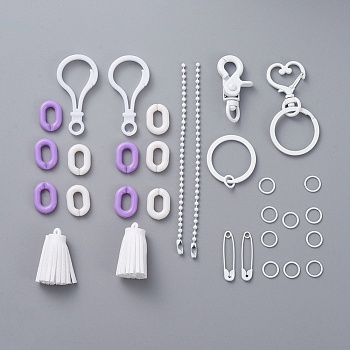 DIY Keychain Making Kits, with Brass Split Keychain Rings & Swivel Clasps, Iron Heart Key Clasps & Ball Chains & Pins, Tassel Pendants, Plastic Clasps and Acrylic Linking Rings, White, 31pcs/set