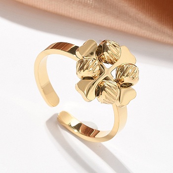 304 Stainless Steel Clover Open Cuff Rings for Women, Ion Plating(IP), Golden, Clover: 13x13mm, Adjustable