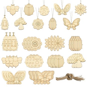 60Pcs 10 Style Spring theme Butterfly/Ladybird/Flower Unfinished Wood Pieces, Cutouts for Drawing Art Craft, Wheat, 75~85x55~108x2.7mm, Hole: 2.5mm, 6pcs/style