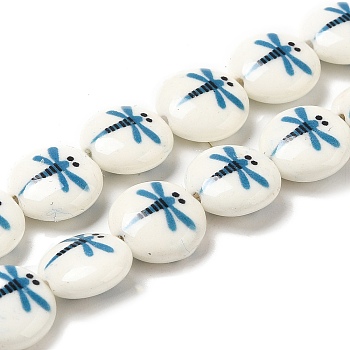Printed Synthetic White Jade Beads Strands, Flat Round, Dragonfly, 12x5mm, Hole: 1.5mm, about 32pcs/strand, 14.57''(37cm)