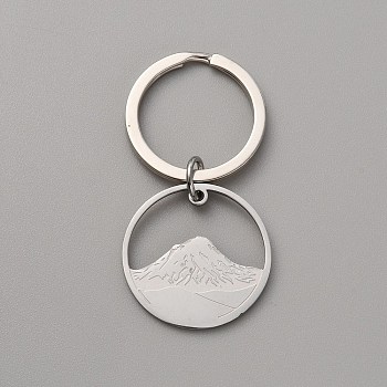 Round Ring with Mountain 304 Stainless Steel Pendant Keychain, for Keychain, Purse, Backpack Ornament, Stainless Steel Color, 5.15cm