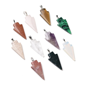 Mixed Gemstone Pendants, Arrow Charm, with Platinum Tone Brass Findings, 39~44x18.5~20x6~7mm, Hole: 3~4x5~6.5mm