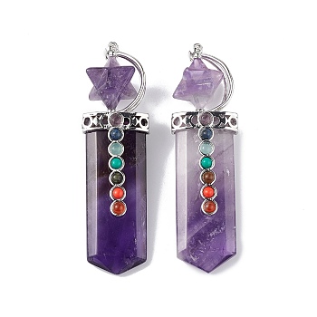 Chakra Themed Natural Amethyst Big Pendants, Faceted Sword Charms, with Rack Plating Platinum Plated Brass Findings, Cadmium Free & Lead Free, 85~86x24x18.5~20.5mm, Hole: 8x5mm