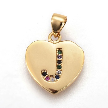 Brass Micro Pave Cubic Zirconia Pendants, Heart with Letter, Colorful, Letter.J, 17x15x1.5mm, Hole: 3.5x4.5mm