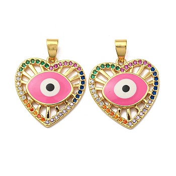 Real 18K Gold Plated Brass Pendants, with Cubic Zirconia and Enamel, Heart with Evil Eye Charms, Deep Pink, 24x25x3mm, Hole: 4.5x3.5mm