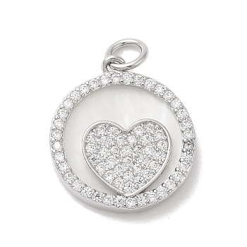 Brass Micro Pave Clear Cubic Zirconia Pendants, with Shell & Jump Ring, Flat Round with Heart, Real Platinum Plated, 18x16x3mm, Hole: 3mm