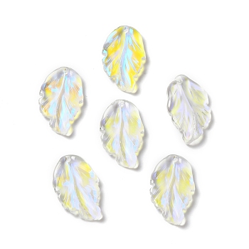 Dyed & Heated Glass Pendants, AB Color, Feather Leaf, Clear AB, 28x17x3.5mm, Hole: 1.2mm