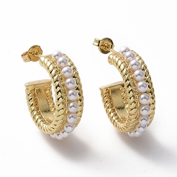ABS Plastic Pearl Beaded C-shape Stud Earrings, Brass Half Hoop Earrings for Women, Real 18K Gold Plated, 25.5x25x8mm, Pin: 0.8mm