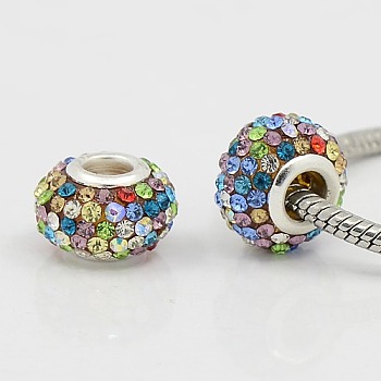Grade A Rhinestone European Beads, Large Hole Beads, Resin, with Silver Color Plated Brass Core, Rondelle, Colorful, 15x10mm, Hole: 5mm