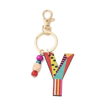 Wood Keychain, with Dye & Iron Key Ring, Letter Y, 11.6~12.1cm