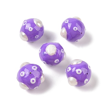 Natural Pearl Enamel Beads, Hand Drawn Beads, Round with Evil Eye Pattern, Dark Orchid, 18~19x21~22x21~22mm, Hole: 1mm