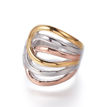 304 Stainless Steel Finger Rings, Tri-color Wide Band Rings, Mixed Color, Size 6~9, 16~19mm