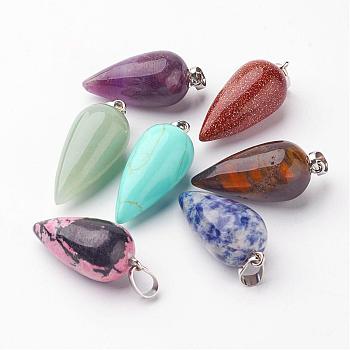 Natural & Synthetic Mixed Stone Pendants, with Brass Pendant Bails, teardrop, Platinum, 33~35x14~15mm, Hole: 4x7mm