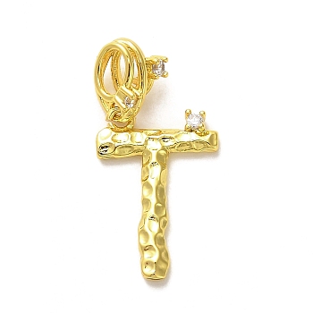 Rack Plating Brass Micro Pave Cubic Zirconia European Dangle Charms, Large Hole Letter Pendant, Real 18K Gold Plated, Long-Lasting Plated, Cadmium Free & Lead Free, Letter T, 25mm, Charm: 18x12.5x2mm, Hole: 4x2.5mm