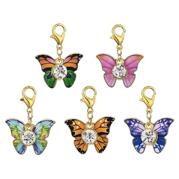 Butterfly Alloy Enamel & Glass Rhinestone Pendant Decorations, with Zinc Alloy Lobster Claw Clasps, Mixed Color, 29mm