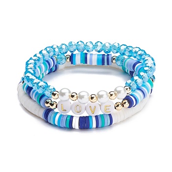Love Stretch Bracelets Set, Glass & Acrylic & Polymer Clay Beads Bracelets, Surfer Heishi Bracelet for Teen Girl Women, Deep Sky Blue, 2-1/8~2-1/4 inch(5.3~5.7cm), 3pcs/set