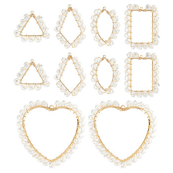 10Pcs 5 Styles Transparent Glass & Brass Pendants, Copper Wire Wrapped, Rhombus & Triangle & Heart & Horse Eye Charms, Light Gold, 20~47x20.5~45x4mm, Hole: 0.5mm, 2Pcs/style