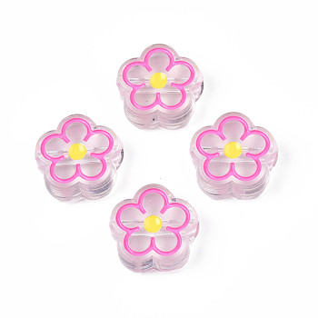 Transparent Acrylic Beads, with Enamel, Flower, Hot Pink, 19x19x7mm, Hole: 3mm