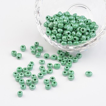 6/0 Opaque Colors Lustered Round Glass Seed Beads, Medium Sea Green, Size: about 4mm in diameter, hole:1.5mm, about 495pcs/50g