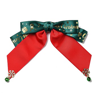 Christmas Polyester Ribbon Bowknot Safety Pin Brooch, with Alloy Rhinestone Snowflake & Bell, Iron Pin, Red, 130x157x11mm