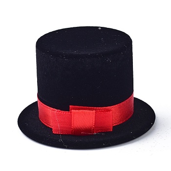 Velvet Ring Boxes, with Plastic with Ribbon, Hat, Black, 6.1x3.7cm