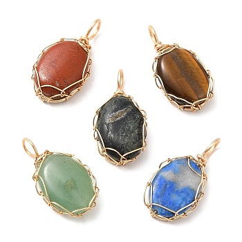 Natural Mixed Gemstone Copper Wire Wrapped Pendents, Oval Charms, Golden, 21~22x11x4~6mm, Hole: 2.5~3mm