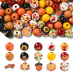 100Pcs 15 Styles Round & Flower Wood European Beads, Mixed Color, 9~20x16~20x5~19.5mm, Hole: 2~4.5mm(WOOD-CJ0002-45)