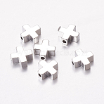 Brass Beads, Cross, Real Platinum Plated, 8x8x3mm, Hole: 1.4mm(KK-K182-01P)