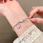 Alloy Acrylic Hot Pink Heart Bowknot Charm Bracelets for Women, with Plastic Imitation Pearl Beads, Silver, 8.35 inch(21.2cm)(AL-CBA3C8B-09S)