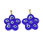 Handmade Lampwork Pendants, Flower Charms, with Brass Snap on Bails, Rack Plating, Blue, 30.5~33x28~30.5x5mm, Hole: 4x4mm(LAMP-D006-06G-01)