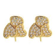 Rack Plating Brass Micro Pave Clear Cubic Zirconia Studs Earrings Finding, Cadmium Free & Lead Free, Long-lasting Plated, Heart, Golden, 15x14mm, Pin: 0.8mm(KK-T072-12G)