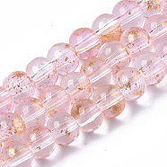 Transparent Spray Painted Glass Bead Strands, with Golden Foil, Round, Pink, 4~5mm, Hole: 0.9~1.2mm, about 95~103pcs/Strand, 13.78 inch~14.88 inch(35~37.8cm)(GLAA-N035-03A-B06)