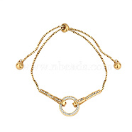 Cubic Zirconia Ring Link Slider Bracelet with Stainless Steel Box Chains, Golden, Ring: 13mm(OU1431-3)