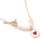 Alloy Enamel Pendant Necklaces, with Natural Pearl Beads, Brass Paperclip Chains and Toggle Clasps, Flat Message Box with Heart, Golden, 17.52 inch(44.5cm)(NJEW-JN03088-01)