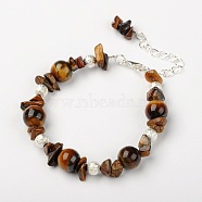 Tiger Eye Bracelets, with Brass Textured Beads and Alloy Lobster Claw Clasps, Silver Color Plated, Tiger Eye, 185mm(BJEW-JB01391-05)