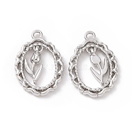 Alloy Pendants, Hollow, Oval with Tulip, Platinum, 23x16x3mm, Hole: 1.6mm(FIND-I020-11P)