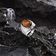 Oval Natural Tiger Eye Finger Rings, Stainless Steel Wide Band Rings, US Size 8(18.1mm)(PW-WG14D78-02)