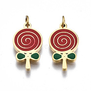 316 Surgical Stainless Steel Enamel Pendants, with Jump Rings, Lollipop, Red, Real 14K Gold Plated, 17x9x1mm, Jump Ring: 3.8x0.6mm, 2.6mm inner diameter(STAS-S116-406G)
